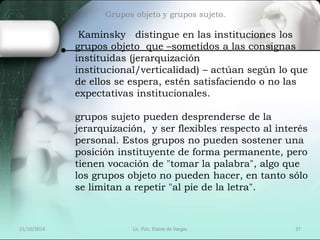 Grupos objeto y grupos sujeto. 
Kaminsky distingue en las instituciones los 
grupos objeto que –sometidos a las consignas 
instituidas (jerarquización 
institucional/verticalidad) – actúan según lo que 
de ellos se espera, estén satisfaciendo o no las 
expectativas institucionales. 
grupos sujeto pueden desprenderse de la 
jerarquización, y ser flexibles respecto al interés 
personal. Estos grupos no pueden sostener una 
posición instituyente de forma permanente, pero 
tienen vocación de "tomar la palabra", algo que 
los grupos objeto no pueden hacer, en tanto sólo 
se limitan a repetir "al pie de la letra". 
21/10/2014 Lic. Psic. Elaine de Vargas 37 
 