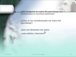 ¿Qué imágenes de sujeto del aprendizaje nos 
encontramos en nuestras prácticas? 
¿Cómo se fue transformando ese sujeto del 
aprendizaje? 
¿Qué nos demanda este sujeto 
como adultos /docentes? 
21/10/2014 Lic. Psic. Elaine de Vargas 40 
 