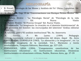 • S. Freud: "Psicología de las Masas y Análisis del Yo" Obras Completas. Ed. 
Amorrortu 
• V. Zito Lema: Cap. VI de "Conversaciones con Enrique Pichón Rivière" Ed. 
Nueva Visión. 
• E. Pichón Rivière : "La Psicología Social" de "Psicología de la vida 
cotidiana" Ed. Nueva Visión 
E. Pichón Rivière: "El Proceso Grupal" Ed. Nueva Visión. 
• C. Castoriadis: "Lo imaginario: la creación en el dominio históricosocial" de 
"Los dominios del hombre: las encrucijadas del laberinto" Gedisa editorial 
1988. 
• R. Lourau: (2001)“El análisis institucional ”Bs. As. Amorrortu 
• A. Giroux; P. Mc Laren: (1994) Pedagogía 
crítica, resistencia cultural y reproducción del deseo. Aiqué Bs. Aires 
CASTORIADIS, CORNELIUS (1983), "La alienación y lo imaginario", en: La 
institución imaginaria de la sociedad, Vol.1, Marxismo y teoría 
revolucionaria, Tusquets Editores, Barcelona, pp. 227-235. 
• FERNÁNDEZ, LIDIA (1994), "Componentes constitutivos de las 
instituciones educativas", en: Instituciones educativas. Dinámicas 
institucionales en situaciones críticas, Paidós, Buenos Aires, pp. 37-39 
21/10/2014 Lic. Psic. Elaine de Vargas 45 
 