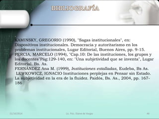 . 
KAMINSKY, GREGORIO (1990), "Sagas institucionales", en: 
Dispositivos institucionales. Democracia y autoritarismo en los 
problemas institucionales, Lugar Editorial, Buenos Aires, pp. 9-15. 
PERCIA, MARCELO (1994), "Cap.10: De las instituciones, los grupos y 
los docentes"Pág:129-140, en: "Una subjetividad que se inventa", Lugar 
Editorial. Bs. As. 
FERNÁNDEZ Ana M. (1999), Instituciones estalladas, Eudeba, Bs As. 
LEWKOWICZ, IGNACIO Instituciones perplejas en Pensar sin Estado. 
La subjetividad en la era de la fluidez. Paidós, Bs. As., 2004, pp. 167- 
186 
21/10/2014 Lic. Psic. Elaine de Vargas 46 
