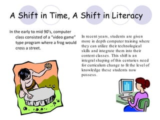 In the early to mid 90’s, computer class consisted of a “video game” type program where a frog would cross a street. A Shift in Time, A Shift in Literacy In recent years, students are given more in depth computer training where they can utilize their technological skills and integrate them into their content classes. This shift is an integral shaping of this centuries need for curriculum change to fit the level of knowledge these students now possess.  