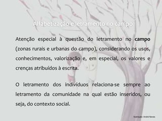 Atenção especial à questão do letramento no campo
(zonas rurais e urbanas do campo), considerando os usos,
conhecimentos, valorização e, em especial, os valores e
crenças atribuídos à escrita.
O letramento dos indivíduos relaciona-se sempre ao
letramento da comunidade na qual estão inseridos, ou
seja, do contexto social.
Ilustração: André Neves
 