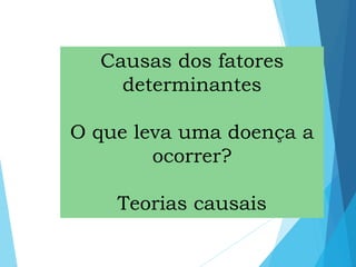 Causas dos fatores
determinantes
O que leva uma doença a
ocorrer?
Teorias causais
 
