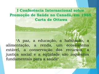I Conferência Internacional sobre
Promoção de Saúde no Canadá, em 1986
Carta de Ottawa
“A paz, a educação, a habitação, a
alimentação, a renda, um ecossistema
estável, a conservação dos recursos, a
justiça social e a eqüidade são requisitos
fundamentais para a saúde”.
 