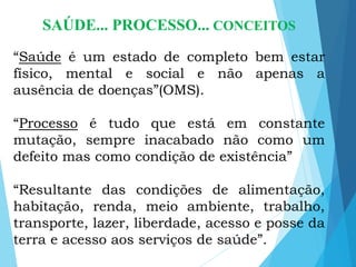 SAÚDE... PROCESSO... CONCEITOS
“Saúde é um estado de completo bem estar
físico, mental e social e não apenas a
ausência de doenças”(OMS).
“Processo é tudo que está em constante
mutação, sempre inacabado não como um
defeito mas como condição de existência”
“Resultante das condições de alimentação,
habitação, renda, meio ambiente, trabalho,
transporte, lazer, liberdade, acesso e posse da
terra e acesso aos serviços de saúde”.
 