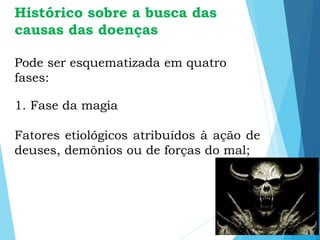 Histórico sobre a busca das
causas das doenças
Pode ser esquematizada em quatro
fases:
1. Fase da magia
Fatores etiológicos atribuídos à ação de
deuses, demônios ou de forças do mal;
 