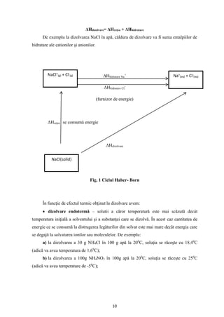 10
ΔHdizolvare= ΔHreţea + ΔHhidratare
De exemplu la dizolvarea NaCl în apă, căldura de dizolvare va fi suma entalpiilor de
hidratare ale cationilor şi anionilor.
ΔHhidratare Na
+
ΔHhidratare Cl
-
(furnizor de energie)
ΔHreţea se consumă energie
ΔHdizolvare
Fig. 1 Ciclul Haber- Born
În funcţie de efectul termic obţinut la dizolvare avem:
• dizolvare endotermă – solutii a căror temperatură este mai scăzută decât
temperatura iniţială a solventului şi a substanţei care se dizolvă. În acest caz cantitatea de
energie ce se consumă la distrugerea legăturilor din solvat este mai mare decât energia care
se degajă la solvatarea ionilor sau moleculelor. De exemplu:
a) la dizolvarea a 30 g NH4Cl în 100 g apă la 200
C, soluţia se răceşte cu 18,40
C
(adică va avea temperatura de 1,60
C);
b) la dizolvarea a 100g NH4NO3 în 100g apă la 200
C, soluţia se răceşte cu 250
C
(adică va avea temperature de -50
C);
NaCl+
(g) + Cl-
(g) Na+
(aq) + Cl-
(aq)
NaCl(solid)
 