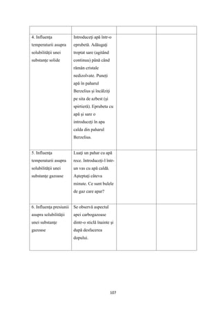 107
4. Influenţa
temperaturii asupra
solubilităţii unei
substanţe solide
Introduceţi apă într-o
eprubetă. Adăugaţi
treptat sare (agitând
continuu) până când
rămân cristale
nedizolvate. Puneţi
apă în paharul
Berzelius şi încălziţi
pe sita de azbest (şi
spirtieră). Eprubeta cu
apă şi sare o
introduceţi în apa
calda din paharul
Berzelius.
5. Influenţa
temperaturii asupra
solubilităţii unei
substanţe gazoase
Luaţi un pahar cu apă
rece. Introduceţi-l într-
un vas cu apă caldă.
Aşteptaţi câteva
minute. Ce sunt bulele
de gaz care apar?
6. Influenţa presiunii
asupra solubilităţii
unei substanţe
gazoase
Se observǎ aspectul
apei carbogazoase
dintr-o sticlǎ înainte şi
dupǎ desfacerea
dopului.
 