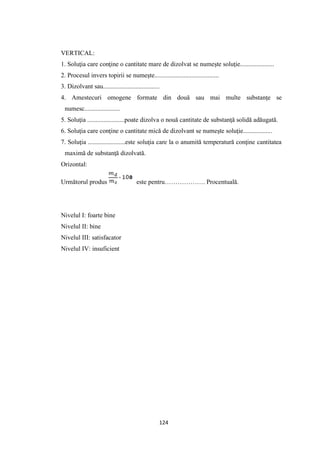 124
VERTICAL:
1. Soluţia care conţine o cantitate mare de dizolvat se numeşte soluţie.....................
2. Procesul invers topirii se numeşte........................................
3. Dizolvant sau...................................
4. Amestecuri omogene formate din două sau mai multe substanţe se
numesc......................
5. Soluţia .......................poate dizolva o nouă cantitate de substanţă solidă adăugată.
6. Soluţia care conţine o cantitate mică de dizolvant se numeşte soluţie..................
7. Soluţia .......................este soluţia care la o anumită temperatură conţine cantitatea
maximă de substanţă dizolvată.
Orizontal:
Următorul produs este pentru………………. Procentuală.
Nivelul I: foarte bine
Nivelul II: bine
Nivelul III: satisfacator
Nivelul IV: insuficient
 