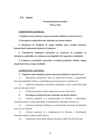 92
3.3. Anexe
Proiectul unitaţii de învăţare
Clasa a VII-a
COMPETENŢE GENERALE
1. Explicarea unor fenomene, procese, procedee întâlnite în viaţa de zi cu zi.
2. Investigarea comportării unor substanţe sau sisteme chimice.
3. Rezolvarea de probleme în scopul stabilirii unor corelaţii relevante,
demonstrând raţionamente deductive şi inductive.
4. Comunicarea înţelegerii conceptelor în rezolvarea de probleme, în
formularea explicaţiilor, în conducerea investigaţiilor şi în raportarea rezultatelor.
5. Evaluarea consecinţelor proceselor şi acţiunii produselor chimice asupra
propriei persoane şi asupra mediului.
COMPETENŢE SPECIFICE
1. Explicarea unor fenomene, procese, procedee întâlnite în viaţa de zi cu zi .
1.1. diferenţierea fenomenelor fizice de fenomenele chimice, a proprietăţilor
fizice de proprietăţile chimice, a substanţelor pure de amestecuri de substanţe etc;
1.2. clasificarea particulelor elementare, elementelor, ionilor, moleculelor după
unul sau mai multe criterii;
1.3. clasificarea reacţiilor chimice după unul sau mai multe criterii;
2. Investigarea comportării unor substanţe sau sisteme chimice.
2.1. utilizarea aparaturii şi a echipamentelor de laborator, a tehnologiilor
informatice pentru a studia proprietăţile şi transformările substanţelor chimice etc;
2.2. formularea ipotezelor referitoare la caracteristicile structurale ale diferiţilor
atomi, ioni şi molecule
2.3. utilizarea aparaturii şi a echipamentelor de laborator, a tehnologiilor
informatice pentru a studia reacţiile chimice;
2.4. interpretarea observaţiilor obţinute din grafice, tabele, fişe de observaţii;
 