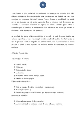 23
Essas teorias as quais denunciam os mecanismos de dominação as sociedade pelas elites
dirigentes utilizando-se do aparelho escolar como reprodutor de sua ideologia. De outra parte
reconhece no pensamento intelectual marxista Antonio Gramsci a possibilidade da escola
propor uma ideologia que seja contra-hegemônica. Esta se instaura a partir do momento que
educandos e educadores aproveitam os espaços ou lacunas permitidas pelos sistema e
contribuem para a superação da marginalidade social articulando uma escola que trabalha os
conteúdos a partir dos interesses dos dominados.
A impotência das teorias críticos-reprodutivistas e superada a partir da síntese dialética que
coloca a capacidade de luta e transformação na mão dos educadores. Fica descoberto assim, no
seio do processo educativo, um poder real, embora limitado. Este poder se desvela na medida
em que se capta a tarefa específica da educação, inserida no contraditório da sociedade
capitalista.
6) Teorias Construtivistas:
a) Concepção de homem:
 Ativo e criador;
 Universal;
 Potencialidades inatas;
 Autônomo;
 Construído através de sua interação social;
 Dotado de vontade própria.
b) Concepção epistemológica:
 Está na interação do sujeito com o objeto ( interacionista);
 Construção contínua ;
 Produz-se a partir do desenvolvimento por etapas ou estágios sucessivos;
c) Concepção axiológica:
 Construção das normas de forma coletiva;
 A responsabilidade é construída a partir do senso individual e coletivo;
 