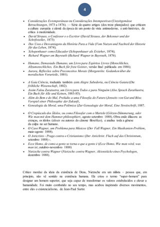 4
 Considerações Extemporâneas ou Considerações Intempestivas (Unzeitgemässe
Betrachtungen, 1873 a 1876). — Série de quatro artigos (dos treze planejados) que criticam
a cultura européia e alemã da época de um ponto de vista antimoderno, e anti-histórico, de
crítica à modernidade.
 David Strauss, o Confessor e o Escritor (David Strauss, der Bekenner und der
Schriftsteller, 1873)
 Dos Usos e Desvantagens da História Para a Vida (Vom Nutzen und Nachteil der Historie
für das Leben, 1874);
 Schopenhauer como Educador (Schopenhauer als Erzieher, 1874);
 Richard Wagner em Bayreuth (Richard Wagner in Bayreuth, 1876).
 Humano, Demasiado Humano, um Livro para Espíritos Livres (Menschliches,
Allzumenschliches, Ein Buch für freie Geister, versão final publicada em 1886);
 Aurora, Reflexões sobre Preconceitos Morais (Morgenröte. Gedanken über die
moralischen Vorurteile, 1881).
 A Gaia Ciência, traduzida também com Alegre Sabedoria, ou Ciência Gaiata (Die
fröhliche Wissenschaft, 1882).
 Assim Falou Zaratustra, um Livro para Todos e para Ninguém (Also Sprach Zarathustra,
Ein Buch für Alle und Keinen, 1883-85).
 Além do Bem e do Mal, Prelúdio a uma Filosofia do Futuro (Jenseits von Gut und Böse.
Vorspiel einer Philosophie der Zukunft,
 Genealogia da Moral, uma Polêmica (Zur Genealogie der Moral, Eine Streitschrift, 1887.
 O Crepúsculo dos Ídolos, ou como Filosofar com o Martelo (Götzen-Dämmerung, oder
Wie man mit dem Hammer philosophiert, agosto-setembro 1888). Obra onde dilacera as
crenças, os ídolos (ideais ou autores do cânone filosófico), e analisa toda a gênese
da culpa no ser humano.
 O Caso Wagner, um Problema para Músicos (Der Fall Wagner, Ein Musikanten-Problem,
maio-agosto 1888).
 O Anticristo - Praga contra o Cristianismo (Der Antichrist. Fluch auf das Christentum,
setembro 1888) -.
 Ecce Homo, de como a gente se torna o que a gente é (Ecce Homo, Wie man wird, was
man ist, outubro-novembro 1888)
 Nietzsche contra Wagner (Nietzsche contra Wagner, Aktenstücke eines Psychologen,
dezembro 1888).
Crítico mordaz da ideia da existência de Deus, Nietzsche era um niilista – pessoa que, em
princípio, não vê sentido na existência humana. Ele criou o termo “super-homem” para
designar um homem superior, que seja capaz de transformar os valores estabelecidos e elevar a
humanidade. Foi muito combatido no seu tempo, mas acabou inspirando diversos movimentos,
entre eles o existencialismo, de Jean-Paul Sartre
 