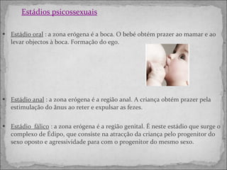 Estádios psicossexuais Estádio oral  : a zona erógena é a boca. O bebé obtém prazer ao mamar e ao levar objectos à boca. Formação do ego. Estádio anal  : a zona erógena é a região anal. A criança obtém prazer pela estimulação do ânus ao reter e expulsar as fezes. Estádio  fálico  : a zona erógena é a região genital. É neste estádio que surge o complexo de Édipo, que consiste na atracção da criança pelo progenitor do sexo oposto e agressividade para com o progenitor do mesmo sexo.  