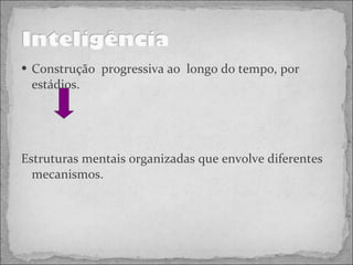 Construção  progressiva ao  longo do tempo, por estádios. Estruturas mentais organizadas que envolve diferentes mecanismos. 