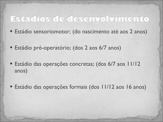 Estádio sensoriomotor; (do nascimento até aos 2 anos) Estádio pré-operatório; (dos 2 aos 6/7 anos) Estádio das operações concretas; (dos 6/7 aos 11/12 anos) Estádio das operações formais (dos 11/12 aos 16 anos) 