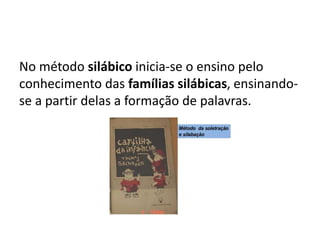 No método silábico inicia-se o ensino pelo
conhecimento das famílias silábicas, ensinando-
se a partir delas a formação de palavras.
 