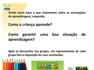 Tendo como base o que retomamos sobre as concepções
de aprendizagem, responda:
Como a criança aprende?
Como garantir uma boa situação de
aprendizagem?
Após as discussões nos grupos, um representante de cada
grupo fará a exposição de suas conclusões.
 
