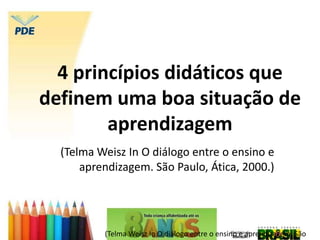 4 princípios didáticos que
definem uma boa situação de
aprendizagem
(Telma Weisz In O diálogo entre o ensino e aprendizagem. São
(Telma Weisz In O diálogo entre o ensino e
aprendizagem. São Paulo, Ática, 2000.)
 