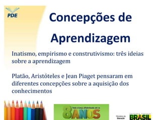 Concepções de
Aprendizagem
Inatismo, empirismo e construtivismo: três ideias
sobre a aprendizagem
Platão, Aristóteles e Jean Piaget pensaram em
diferentes concepções sobre a aquisição dos
conhecimentos
 