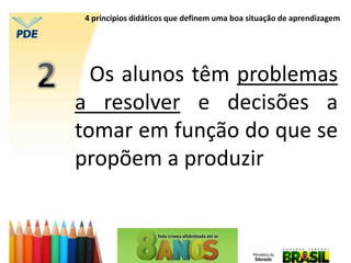 Os alunos têm problemas
a resolver e decisões a
tomar em função do que se
propõem a produzir
4 princípios didáticos que definem uma boa situação de aprendizagem
 