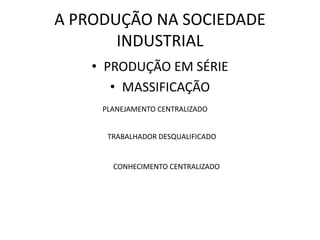 A PRODUÇÃO NA SOCIEDADE
INDUSTRIAL
• PRODUÇÃO EM SÉRIE
• MASSIFICAÇÃO
PLANEJAMENTO CENTRALIZADO
TRABALHADOR DESQUALIFICADO
CONHECIMENTO CENTRALIZADO
 