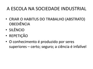 A ESCOLA NA SOCIEDADE INDUSTRIAL
• CRIAR O HABITUS DO TRABALHO (ABSTRATO)
OBEDIÊNCIA
• SILÊNCIO
• REPETIÇÃO
• O conhecimento é produzido por seres
superiores – certo; seguro; a ciência é infalível
 