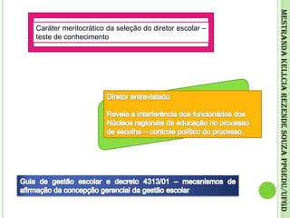 Caráter meritocrático da seleção do diretor escolar – teste de conhecimentoDiretor entrevistadoRevela a interferência dos funcionários dos Núcleos regionais da educação no processo de escolha – controle político do processo.Mestranda Kellcia Rezende Souza PPGEdu/UFGDGuia de gestão escolar e decreto 4313/01 – mecanismos de afirmação da concepção gerencial da gestão escolar