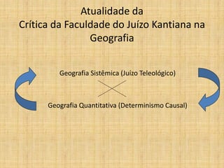 Atualidade da
Crítica da Faculdade do Juízo Kantiana na
Geografia
Geografia Sistêmica (Juízo Teleológico)
Geografia Quantitativa (Determinismo Causal)
 