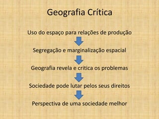 Geografia Crítica
Uso do espaço para relações de produção
Segregação e marginalização espacial
Geografia revela e critica os problemas
Sociedade pode lutar pelos seus direitos
Perspectiva de uma sociedade melhor
 