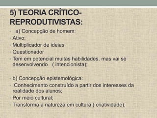 5) TEORIA CRÍTICO-
REPRODUTIVISTAS:
• a) Concepção de homem:
• Ativo;
• Multiplicador de ideias
• Questionador
• Tem em potencial muitas habilidades, mas vai se
desenvolvendo ( intencionista);
• b) Concepção epistemológica:
• Conhecimento construído a partir dos interesses da
realidade dos alunos;
• Por meio cultural;
• Transforma a natureza em cultura ( criatividade);
 