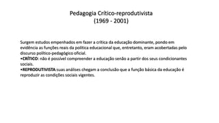 Pedagogia Crítico-reprodutivista
(1969 - 2001)
Surgem estudos empenhados em fazer a crítica da educação dominante, pondo em
evidência as funções reais da política educacional que, entretanto, eram acobertadas pelo
discurso político-pedagógico oficial.
•CRÍTICO: não é possível compreender a educação senão a partir dos seus condicionantes
sociais.
•REPRODUTIVISTA:suas análises chegam a conclusão que a função básica da educação é
reproduzir as condições sociais vigentes.
 