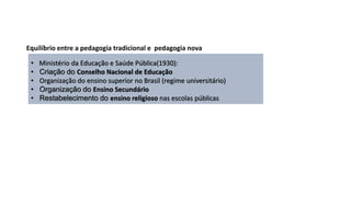 • Ministério da Educação e Saúde Pública(1930):
• Criação do Conselho Nacional de Educação
• Organização do ensino superior no Brasil (regime universitário)
• Organização do Ensino Secundário
• Restabelecimento do ensino religioso nas escolas públicas
Equilíbrio entre a pedagogia tradicional e pedagogia nova
 