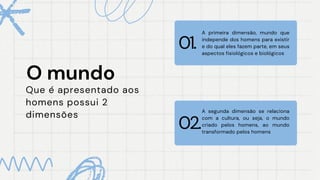 O mundo
O mundo
Que é apresentado aos
homens possui 2
dimensões
01.
02.
A primeira dimensão, mundo que
independe dos homens para existir
e do qual eles fazem parte, em seus
aspectos fisiológicos e biológicos
A segunda dimensão se relaciona
com a cultura, ou seja, o mundo
criado pelos homens, ao mundo
transformado pelos homens
 