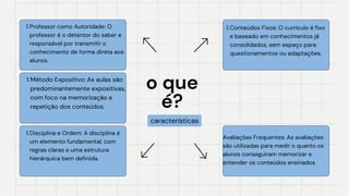 Conteúdos Fixos: O currículo é fixo
e baseado em conhecimentos já
consolidados, sem espaço para
questionamentos ou adaptações.
1.
Avaliações Frequentes: As avaliações
são utilizadas para medir o quanto os
alunos conseguiram memorizar e
entender os conteúdos ensinados
Professor como Autoridade: O
professor é o detentor do saber e
responsável por transmitir o
conhecimento de forma direta aos
alunos.
1.
Método Expositivo: As aulas são
predominantemente expositivas,
com foco na memorização e
repetição dos conteúdos.
1.
Disciplina e Ordem: A disciplina é
um elemento fundamental, com
regras claras e uma estrutura
hierárquica bem definida.
1.
o que
o que
é?
é?
características
 