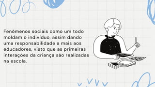 Fenômenos sociais como um todo
moldam o indivíduo, assim dando
uma responsabilidade a mais aos
educadores, visto que as primeiras
interações da criança são realizadas
na escola.
 