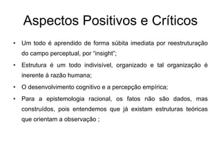 Aspectos Positivos e Críticos Um todo é aprendido de forma súbita imediata por reestruturação do campo perceptual, por “insight”; Estrutura é um todo indivisível, organizado e tal organização é inerente à razão humana; O desenvolvimento cognitivo e a percepção empírica; Para a epistemologia racional, os fatos não são dados, mas construídos, pois entendemos que já existam estruturas teóricas que orientam a observação ; 