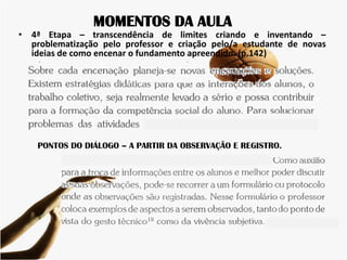 • 4ª Etapa – transcendência de limites criando e inventando –
problematização pelo professor e criação pelo/a estudante de novas
ideias de como encenar o fundamento apreendido. (p.142)
MOMENTOS DA AULA
PONTOS DO DIÁLOGO – A PARTIR DA OBSERVAÇÃO E REGISTRO.
 
