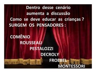   Dentro  desse  cenário    aumenta  a  discussão   Como  se  deve  educar  as  crianças ?  SURGEM  OS  PENSADORES :    COMÊNIO    ROUSSEAU    PESTALOZZI    DECROLY    FROEBEL    MONTESSORI           