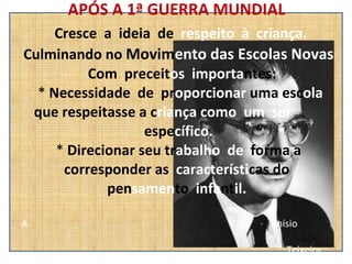 APÓS A 1ª GUERRA MUNDIAL     Cresce  a  ideia  de  respeito  à  criança. Culminando no   Movim ento das Escolas Novas   Com  preceit os  importa ntes:  *  Necessidade  de  pr oporcionar  uma esc ola  que respeitasse a c riança como  um  ser  espe cífico. *  Direcionar seu tr abalho  de  forma a corresponder as  característi cas do    pen samen to  infa nt il.   A  Anísio    Teixeira   
