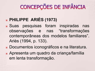  PHILIPPE ARIÈS (1973)
 Suas pesquisas foram inspiradas nas
observações e nas “transformações
contemporâneas dos modelos familiares”.
Ariès (1994, p. 133).
 Documentos iconográficos e na literatura.
 Apresenta um quadro da criança/família
em lenta transformação.
 