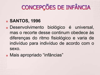  SANTOS, 1996
 Desenvolvimento biológico é universal,
mas o recorte desse continum obedece às
diferenças do ritmo fisiológico e varia de
indivíduo para indivíduo de acordo com o
sexo.
 Mais apropriado “infâncias”
 