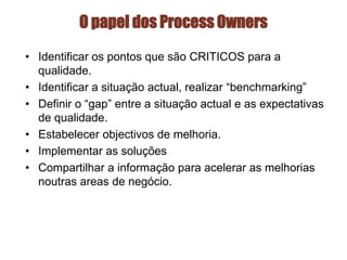 • Identificar os pontos que são CRITICOS para a
qualidade.
• Identificar a situação actual, realizar “benchmarking”
• Definir o “gap” entre a situação actual e as expectativas
de qualidade.
• Estabelecer objectivos de melhoria.
• Implementar as soluções
• Compartilhar a informação para acelerar as melhorias
noutras areas de negócio.
O papel dos Process Owners
 