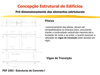 Concepção Estrutural de Edifícios
Pré-dimensionamento dos elementos estrtuturais
Pilares
• posicionamento dos pilares, devem ser
compatibilizados os diversos pisos, procurando
manter a continuidade vertical dos mesmos até a
fundação de modo a se evitar, o quanto possível, a
utilização de vigas de transição (pilar apoiado em
viga).

Vigas de Transição

PEF 2303 - Estruturas de Concreto I

 
