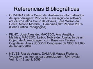 Referencias Bibliográficas OLIVEIRA,Celina Couto de. Ambientes informatizados de aprendizagem: Produção e avaliação de software educativo/Celina Couto de oliveira, Jose Wilson da Costa, Mercia Moreira._ Campinas,SP: Papirus.2001- (Serie Prática Pedagógica). FILHO, José Aires de, MACÊDO, Ana Angélica Mathias, MACÊDO, Laécio Nobre de. Avaliação de um Objeto de Aprendizagem com Base nas Teorias Cognitivas. Anais do XXVII Congresso da SBC. RJ.Rio de Janeiro,2007. NEVES,Rita de Araújo, DAMIANI,Magda Floriana. Vygotsky e as teorias da aprendizagem. UNIrevista - Vol. 1, n° 2 :abril, 2006. 