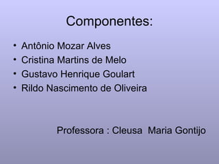 Componentes: Antônio Mozar Alves Cristina Martins de Melo Gustavo Henrique Goulart Rildo Nascimento de Oliveira Professora : Cleusa  Maria Gontijo 