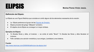 ELIPSIS Muñoz Flores Víctor Jesús.
Definición de Elipsis:
La Elipsis es una Figura Retórica que consiste en omitir alguno de los elementos necesarios de la oración.
● La Elipsis pertenece al grupo de las Figuras de Omisión.
● Elipsis procede del griego "élleipsis" (omisión).
● El objetivo de la Elipsis es conseguir un mayor énfasis.
Ejemplos de Elipsis:
● Yo llevaba flores y ellos, el incienso → se omite el verbo "llevar": Yo llevaba las flores y ellos llevaban el
incienso.
● Felix cantaba una canción romántica y sus amigos, (cantaban) unos boleros.
Fuente:
http://www.retoricas.com/2009/06/definicion-de-elipsis.html
 