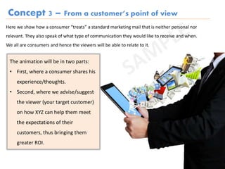 Concept 3 – From a customer’s point of view
The animation will be in two parts:
• First, where a consumer shares his
experience/thoughts.
• Second, where we advise/suggest
the viewer (your target customer)
on how XYZ can help them meet
the expectations of their
customers, thus bringing them
greater ROI.
Here we show how a consumer “treats” a standard marketing mail that is neither personal nor
relevant. They also speak of what type of communication they would like to receive and when.
We all are consumers and hence the viewers will be able to relate to it.
 