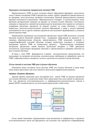 Принципы построения предметной линейки УМК
Преемственность УМК по всем ступеням общего образования формирует предметные
линии. Связное построении УМК в предметную линию требует проработки преемственности
их программ, часто различных авторских коллективов. Основой преемственности является
принцип системности в реализации образовательного стандарта и соответствующее этому
принципу распределение нагрузки на предмет по классам (годам) обучения. Системность
отражена в очередности, связной последовательности включения тем и уровня их изучения в
содержание различных предметов на каждой ступени по годам обучения с учетом
возрастных, психолого-педагогических аспектов образования, а также с учетом взаимной
дополняемости тем из других смежных предметов для системного формирования у учащихся
единой картины мира.
Нормативным основанием для построения предметных линий УМК различных ступеней
обучения является базисный учебный план, содержание образования по предмету и по
смежным образовательным областям, преемственность УМК начальной, основной и
старшей/профильной ступеней обучения, которые необходимо учитывать в авторских
программах каждого УМК по конкретному предмету. Педагогическим основанием
построения предметных линий является реализация авторами в УМК принципов
системности в реализации программы обучения и преемственности программ обучения на
всех ступенях обучения.
В связи с этим УМК формируются в рамках систематического представления, что
накладывает на авторские коллективы дополнительные требования по проработке связи их
УМК с образовательным стандартом смежных предметов на каждой ступени обучения.
Сетка связей в системе УМК для ступени обучения
Описанные выше составные части системы УМК для ступени обучения и связи межу
ними можно представить как сетку связей по нескольким иерархическим уровням.
Уровень «Ступень обучения»
Данный уровень выполняет роль интеграции всех линеек УМК по разным предметам
для ступени обучения и схематично может быть представлен как сетка связей по предметам.
Так, для предметов естественнонаучного и информационно-математического циклов в
рамках ФГОС основной школы эта сетка связей представляет собой схему:
Сетка связей показывает проникновение опор математики и информатики в предметы
естественнонаучного цикла как фундамента для изучения этих предметов и формирования
 