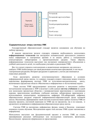 Содержательные опоры системы УМК
Государственный образовательный стандарт является основанием для обучения по
любому предмету.
В каждом предметном разделе стандарта отражена необходимость использовать
информационные технологии как инструмент познавательной деятельности учащихся:
поиск информации в электронных архивах и ее анализ, работа с электронными
компьютерными лабораториями и презентационными средами. Таким образом,
информационные технологии выступают как инструмент межпредметного объединения в
учебной деятельности детей, что необходимо учитывать в реализации УМК.
Все это следует отразить в методических и дидактических материалах для учителя и
снабдить УМК необходимым для такой реализации количеством приложений, в том числе
электронными ресурсами, Интернет-ресурсами и сервисами с учетом уже имеющихся
отраслевых решений.
Если рассмотреть развитие естественнонаучного образования в условиях
информационной среды школы, то в рамках стандарта второго поколения можно отметить
перспективы формирования системы УМК по естественно-математическому циклу,
включающего предметные области «Математика и информатика» и «Естественные науки».
Такая система УМК предусматривает целостное развитие и наполнение учебно-
методическими материалами и ЭОР и включает в себя единую систему учебников по одной
или нескольким предметным областям с межпредметными практикумами и элективными
курсами, практическими пособиями, учебными книгами, лабораторным практикумом с
использованием компьютерных экспериментов, цифровых ЕН-лабораторий, цифровых
образовательных ресурсов открытой информационно-образовательной среды основной
школы. Несомненно, формирование такой системы издательствами требует полноты УМК по
каждому предмету, системной навигации по УМК как по предметам, так и по классам, и
органичного встраивания в информационно-образовательную среду школы.
Система УМК по математике, информатике, физике, химии и биологии охватывает
основную ступень обучения. Методическим ядром этой системы УМК служат математика и
информатика.
Математика выступает как фундаментальный предмет в системе УМК на стадии
трансформации реальных наблюдаемых или исследуемых химических, физических,
биологических процессов в формальное их представление.
 