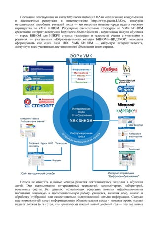 Постоянно действующие на сайте http://www.metodist.LBZ.ru методические консультации
и ежемесячные репортажи в интернет-газете http://www.gazeta.LBZ.ru, конкурсы
методических разработок учителей школ — это открытая интернет-среда педагогического
партнерства по УМК БИНОМ. Регулярные еженедельные телекурсы по УМК БИНОМ
средствами интернет-телестудии http://www.binom.vidicor.ru , вариативные модули обучения
— курсы БИНОМ для ИПКРО страны: телелекции и телемосты ученых с учителями в
регионах — участниками «Образовательного кольца» БИНОМ—ВИДИКОР, позволили
сформировать еще один слой ИОС УМК БИНОМ — открытую интернет-телесеть,
доступную всем участникам дистанционного образования школ страны.
Нельзя не отметить и новые методы развития деятельностных подходов в обучении
детей. Это использование интерактивных технологий, компьютерных лабораторий,
поисковых систем, баз данных, позволяющих оснастить новыми информационными
массивами поисковую и исследовательскую работу учащихся, включая сбор, анализ и
обработку отобранной или самостоятельно подготовленной детьми информации. Сколько
еще возможностей имеет информационная образовательная среда - покажет время, однако
педагог должен быть готов, что практически каждый новый учебный год — это год новых
 